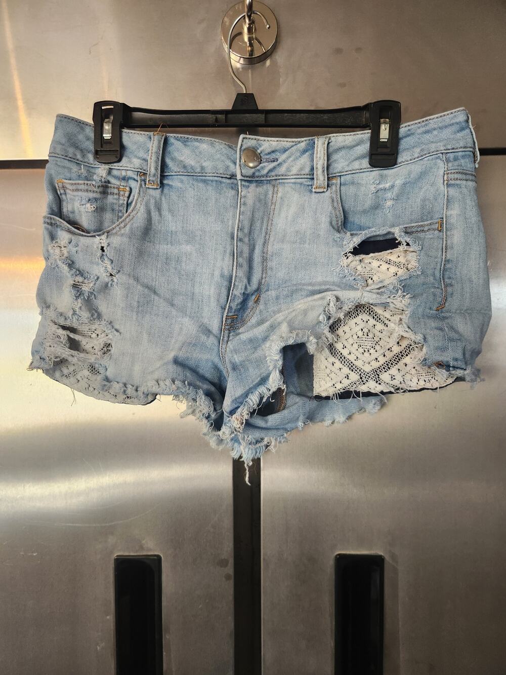 American Eagle Super Stretch Hi-Rise Shorty Distressed Denim Shorts Sz 12